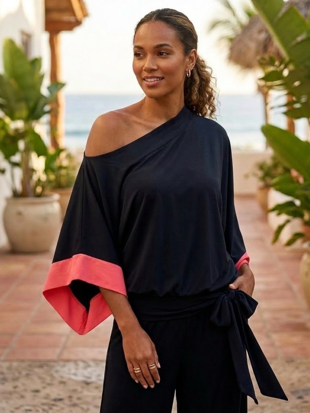 VaVa Womens Off The Shoulder Flowy Casual Batwing Sleeves Blouse with ties NWOT